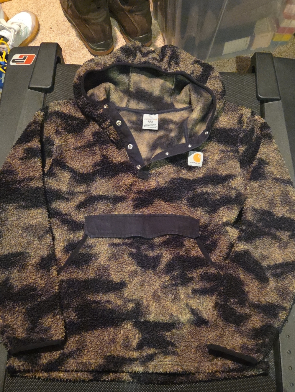 Carhartt Kid’s Sherpa Pullover Hoodie in Olive Camo with Black Accents